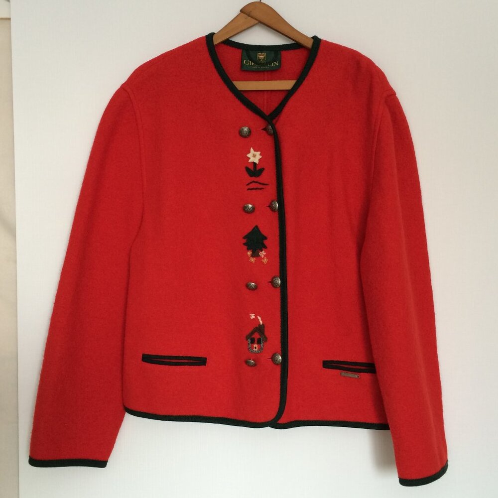 Giesswein Womens Jacket Cardigan Sz 12 Wool Applique Buttons Made in Austria